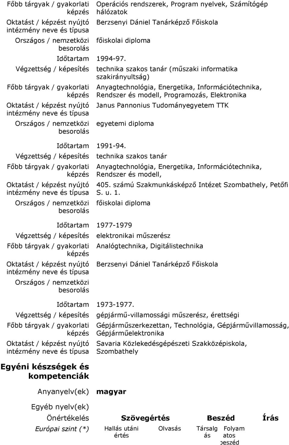 Janus Pannonius Tudományegyetem TTK egyetemi diploma Időtartam 1991-94.