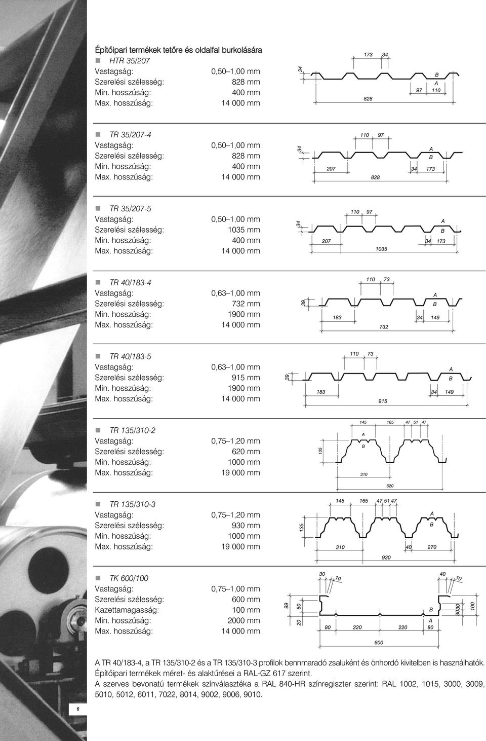 mm 600 mm 100 mm 2000 mm A TR 40/183-4, a TR 135/310-2 és a TR 135/310-3 profilok bennmaradó zsaluként és önhordó kivitelben is használhatók.