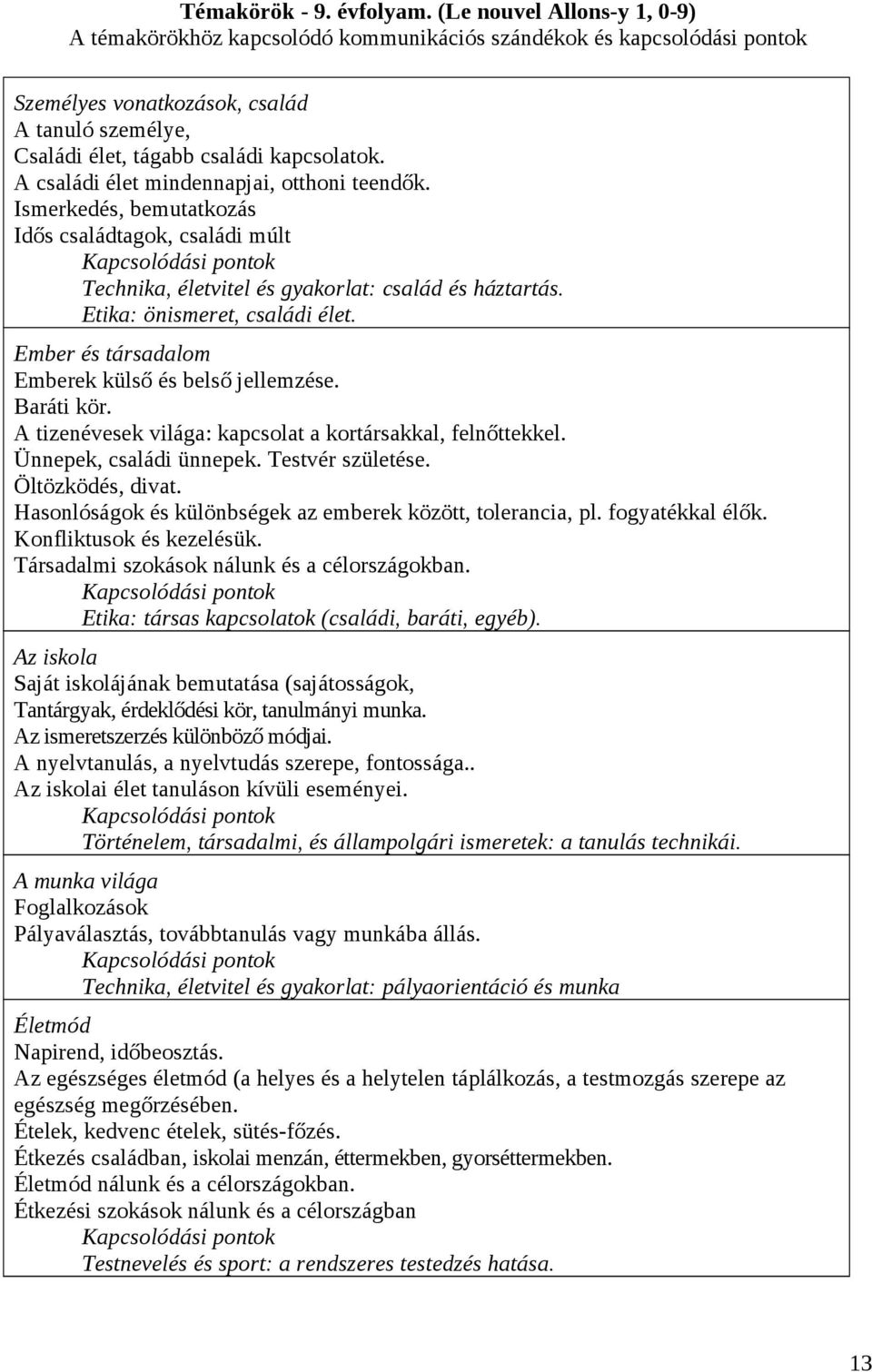 A családi élet mindennapjai, otthoni teendők. Ismerkedés, bemutatkozás Idős családtagok, családi múlt Technika, életvitel és gyakorlat: család és háztartás. Etika: önismeret, családi élet.