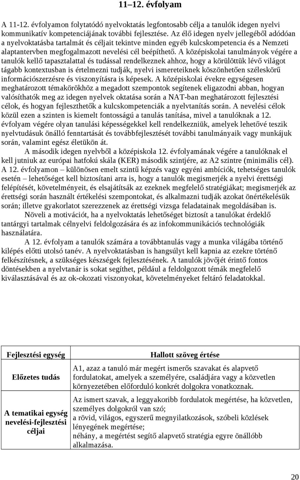 A középiskolai tanulmányok végére a tanulók kellő tapasztalattal és tudással rendelkeznek ahhoz, hogy a körülöttük lévő világot tágabb kontextusban is értelmezni tudják, nyelvi ismereteiknek