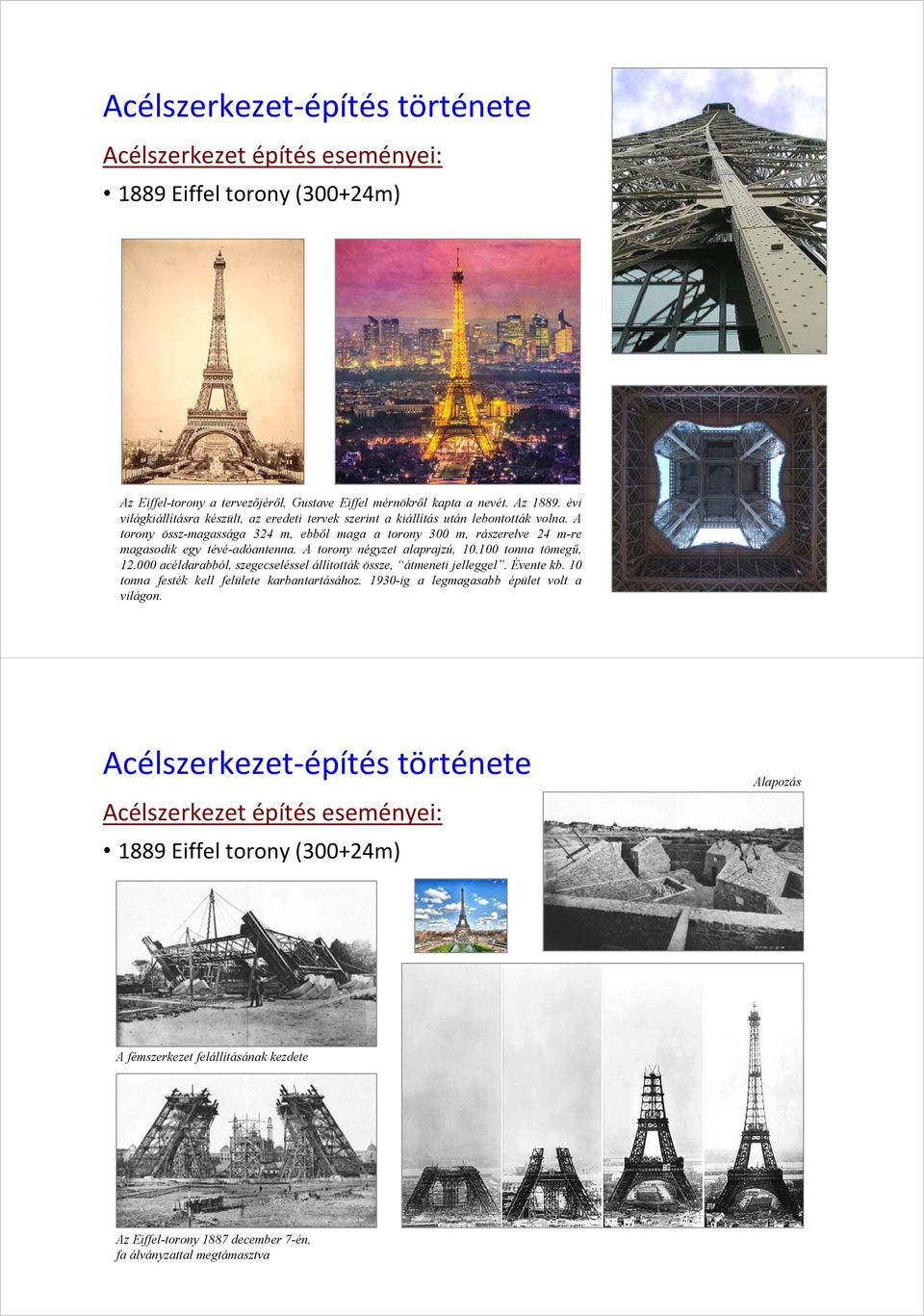 A torony négyzet alaprajzú, 10.100 tonna tömegű, 12.000 acéldarabból, szegecseléssel állították össze, átmeneti jelleggel. Évente kb. 10 tonna festék kell felülete karbantartásához.