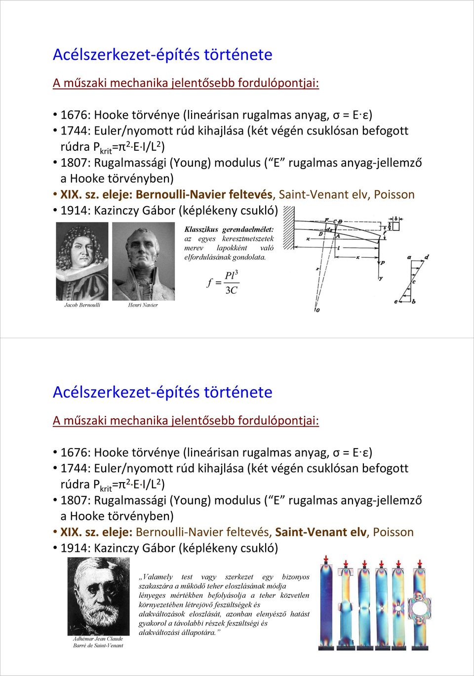 eleje: Bernoulli-Navier feltevés, Saint-Venant elv, Poisson 1914: Kazinczy Gábor (képlékeny csukló) Klasszikus gerendaelmélet: az egyes keresztmetszetek merev lapokként való elfordulásának gondolata.