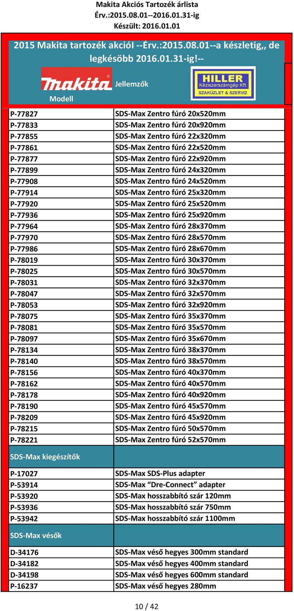 fúró 28x370mm P-77970 SDS-Max Zentro fúró 28x570mm P-77986 SDS-Max Zentro fúró 28x670mm P-78019 SDS-Max Zentro fúró 30x370mm P-78025 SDS-Max Zentro fúró 30x570mm P-78031 SDS-Max Zentro fúró 32x370mm