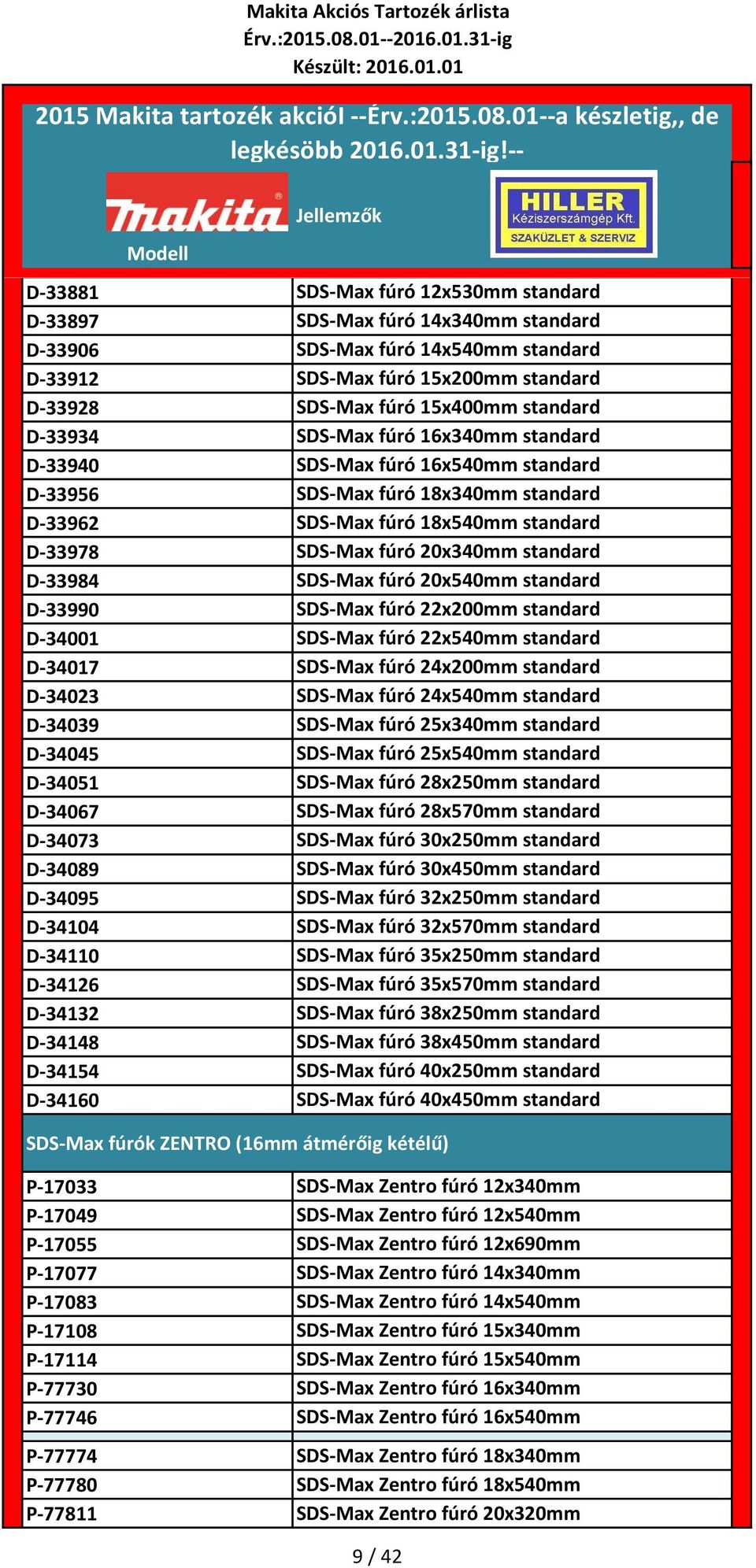 D-33984 SDS-Max fúró 20x540mm standard D-33990 SDS-Max fúró 22x200mm standard D-34001 SDS-Max fúró 22x540mm standard D-34017 SDS-Max fúró 24x200mm standard D-34023 SDS-Max fúró 24x540mm standard