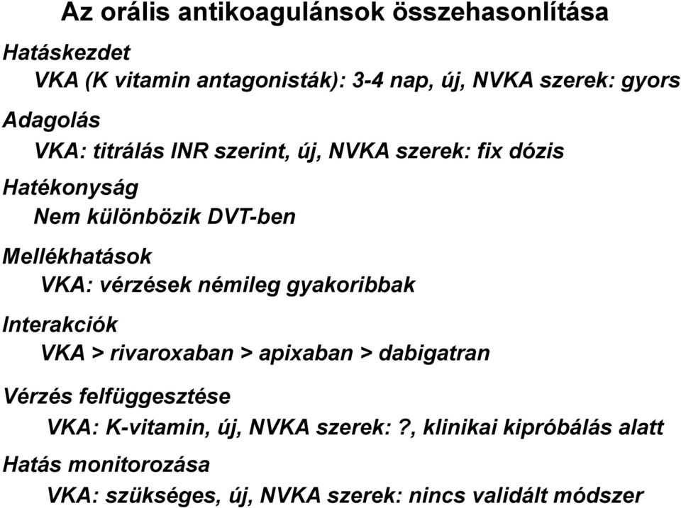 vérzések némileg gyakoribbak Interakciók VKA > rivaroxaban > apixaban > dabigatran Vérzés felfüggesztése VKA: