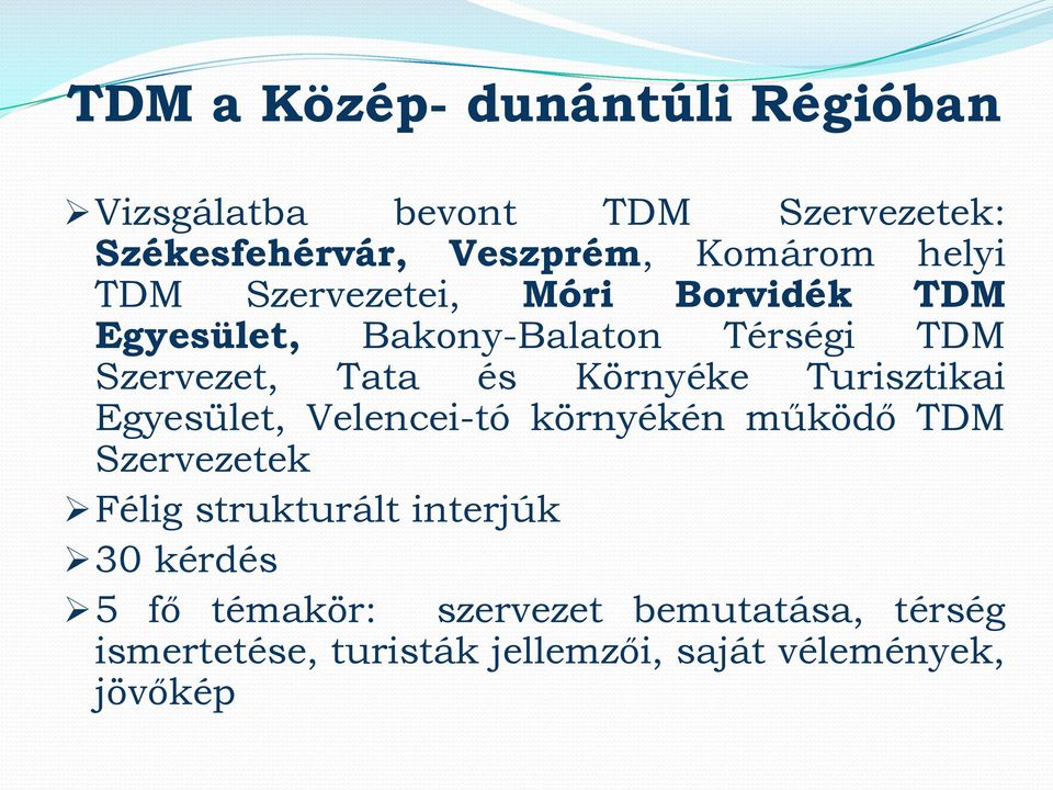 Környéke Turisztikai Egyesület, Velencei-tó környékén működő TDM Szervezetek Félig strukturált interjúk