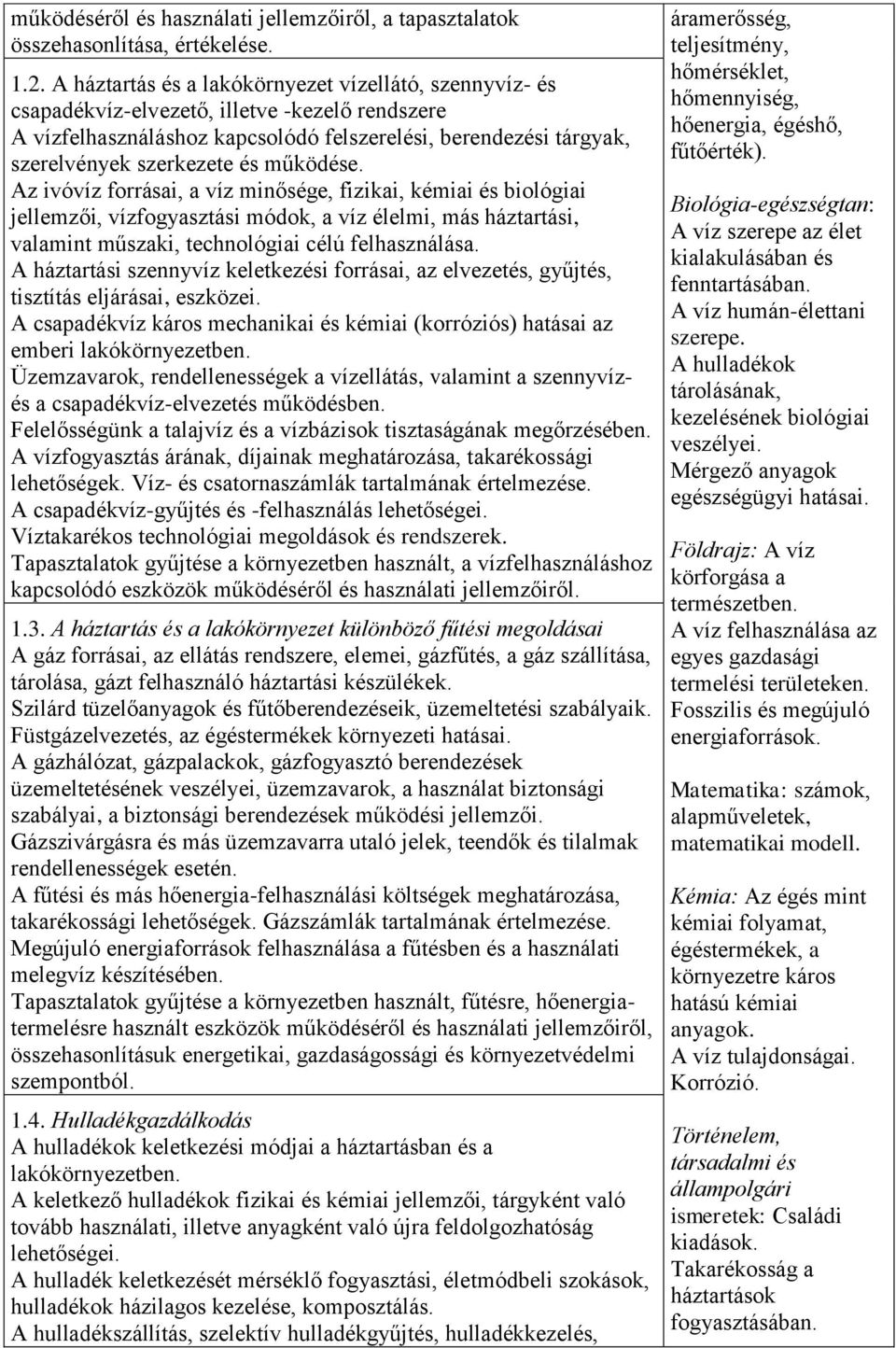 működése. Az ivóvíz forrásai, a víz minősége, fizikai, kémiai és biológiai jellemzői, vízfogyasztási módok, a víz élelmi, más háztartási, valamint műszaki, technológiai célú felhasználása.