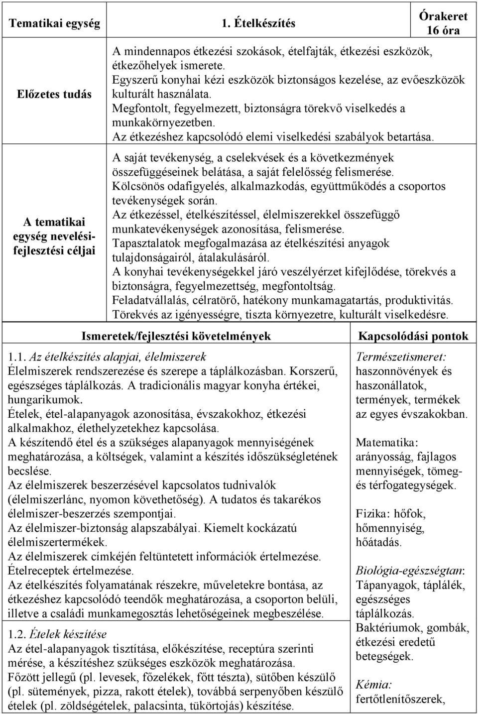 Az étkezéshez kapcsolódó elemi viselkedési szabályok betartása. A saját tevékenység, a cselekvések és a következmények összefüggéseinek belátása, a saját felelősség felismerése.