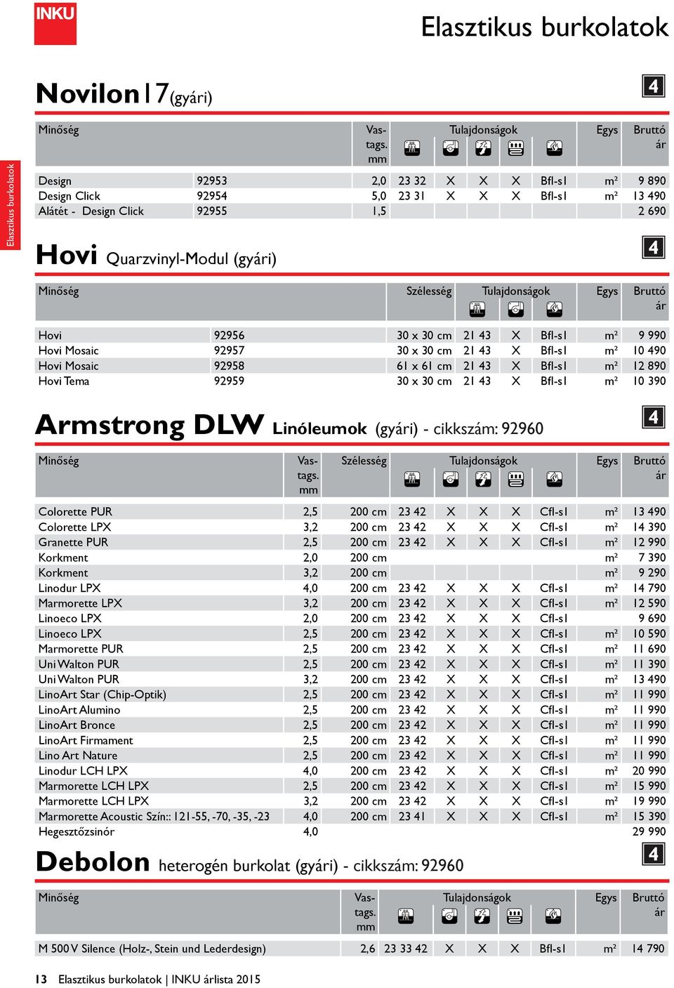 Bfl-s1 m² 10 390 Armstrong DLW Linóleumok (gyi) - cikkszám: 9960 Szélesség Tulajdonságok Egys Colorette PUR,5 00 cm 3 X X X Cfl-s1 m² 13 90 Colorette LPX 3, 00 cm 3 X X X Cfl-s1 m² 1 390 Granette