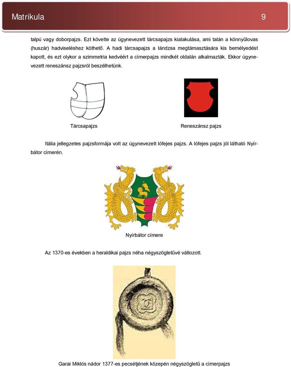 Ekkor úgynevezett reneszánsz pajzsról beszélhetünk. Tárcsapajzs Reneszánsz pajzs Itália jellegzetes pajzsformája volt az úgynevezett lófejes pajzs.