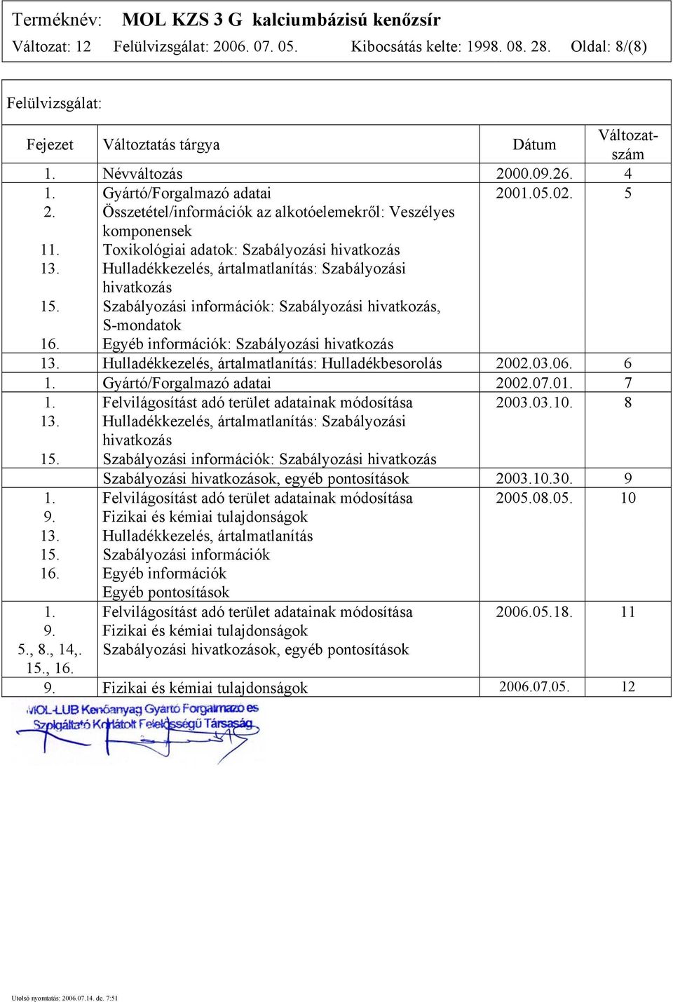 Hulladékkezelés, ártalmatlanítás: Szabályozási hivatkozás 15. Szabályozási információk: Szabályozási hivatkozás, S-mondatok 16. Egyéb információk: Szabályozási hivatkozás 13.