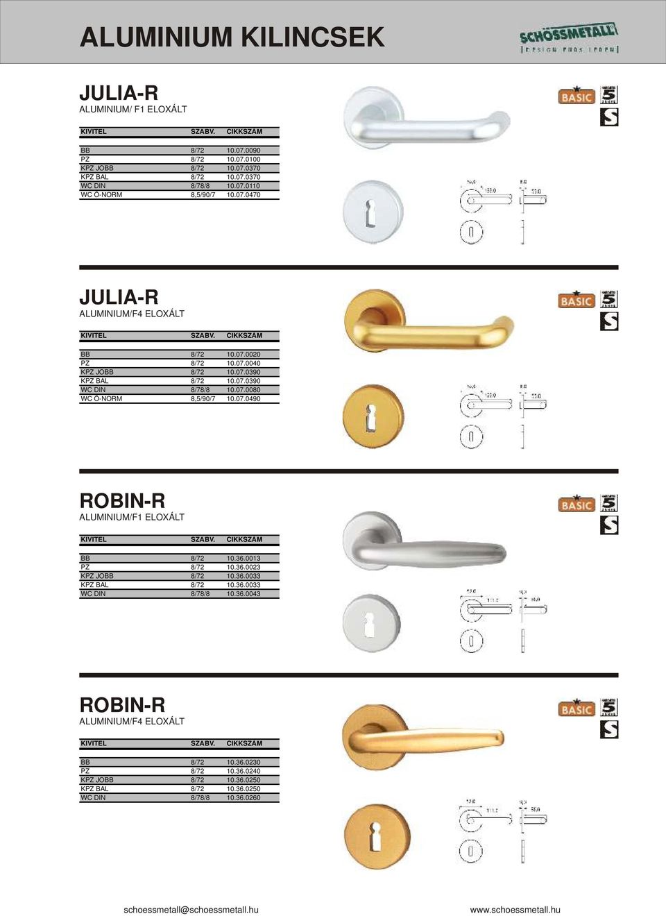 07.0490 ROBIN-R ALUMINIUM/F1 ELOXÁLT BB 8/72 10.36.0013 PZ 8/72 10.36.0023 KPZ JOBB 8/72 10.36.0033 KPZ BAL 8/72 10.36.0033 WC DIN 8/78/8 10.36.0043 ROBIN-R ALUMINIUM/F4 ELOXÁLT BB 8/72 10.