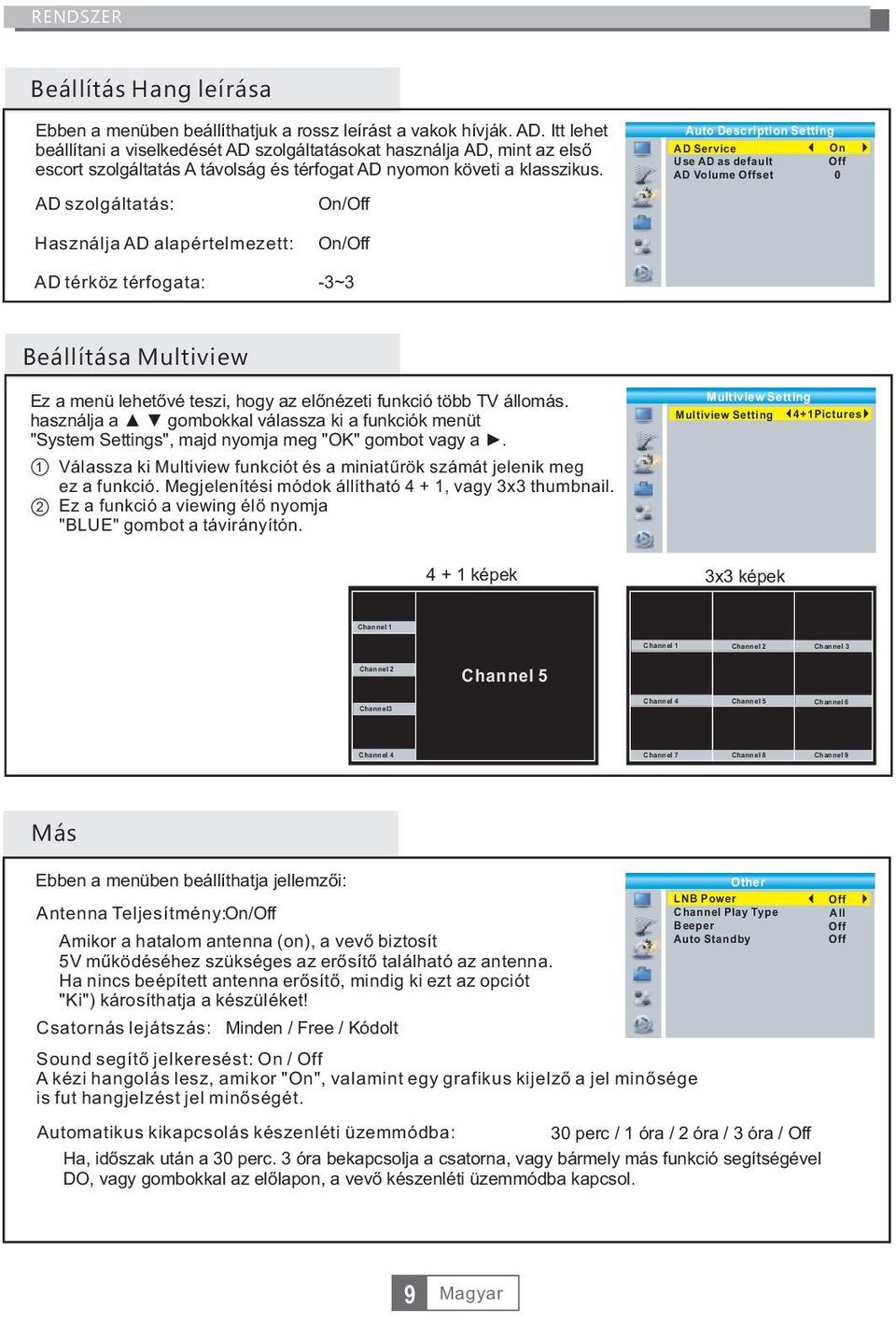 AD szolgáltatás: On/ Auto Description Setting AD Service On Use AD as default AD Volume set 0 Használja AD alapértelmezett: AD térköz térfogata: On/ -3~3 Beállítása Multiview Ez a menü lehetővé