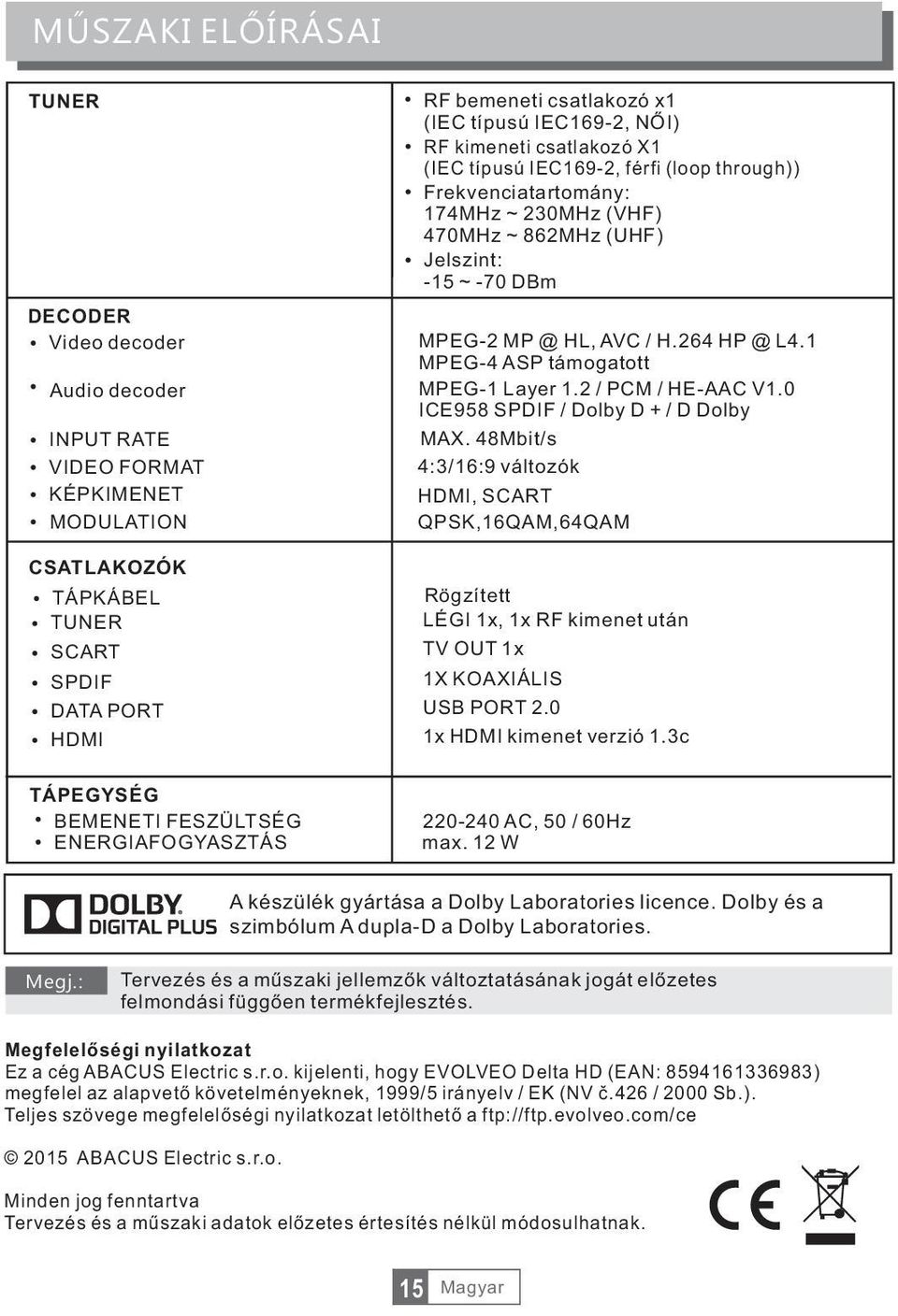 2 / PCM / HE-AAC V1.0 ICE958 SPDIF / Dolby D + / D Dolby MAX.