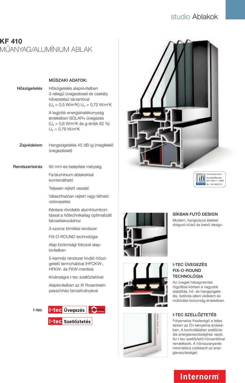 beépítési mélység Fa/alumínium ablakokkal kombinálható Teljesen rejtett vasalat Választhatóan rejtett vagy látható vízkivezetés Kérésre rövidebb alumíniumborítással a hőtechnikailag optimalizált