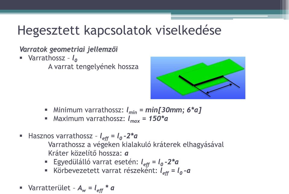 l eff = l 0-2*a Varrathossz a végeken kialakuló kráterek elhagyásával Kráter közelítő hossza: a