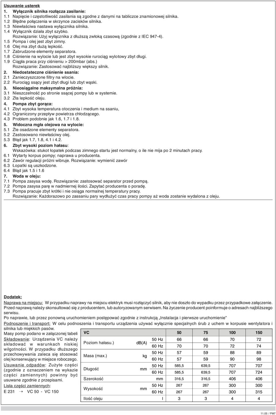 1.7 Zabrudzone elementy separatora. 1.8 Ciśnienie na wylocie lub jest zbyt wysokie rurociąg wylotowy zbyt długi. 1.9 Ciągła praca przy ciśnieniu > 200mbar (abs.