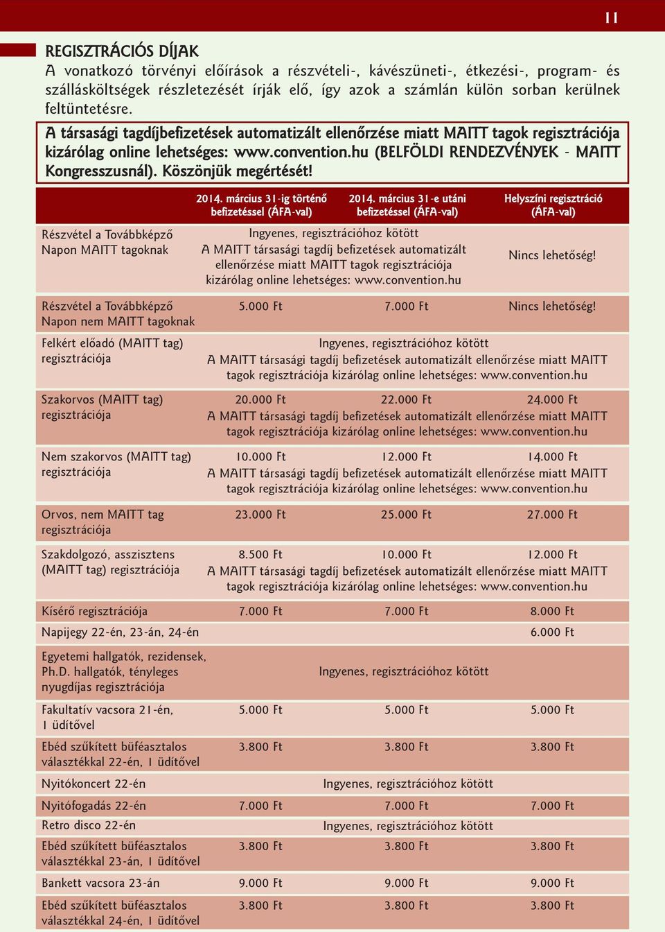 Köszönjük megértését! 11 Részvétel a Továbbképzõ Napon MAITT tagoknak 2014. március 31-ig történõ befizetéssel (ÁFA-val) 2014.