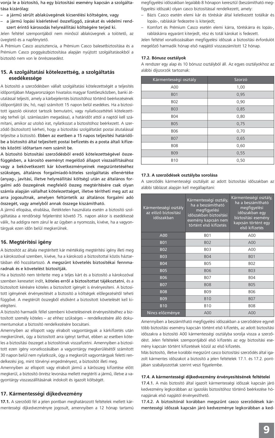 A Prémium Casco asszisztencia, a Prémium Casco balesetbiztosítása és a Prémium Casco poggyászbiztosítása alapján nyújtott szolgáltatásokból a biztosító nem von le önrészesedést. 15.