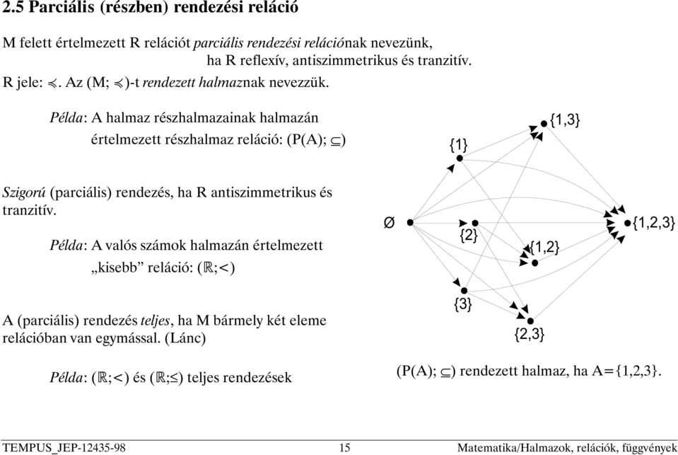 élda: A halmaz részhalmazainak halmazán értelmezett részhalmaz reláció: ((A); ) Szigorú (parciális) rendezés, ha R antiszimmetrikus és tranzitív.