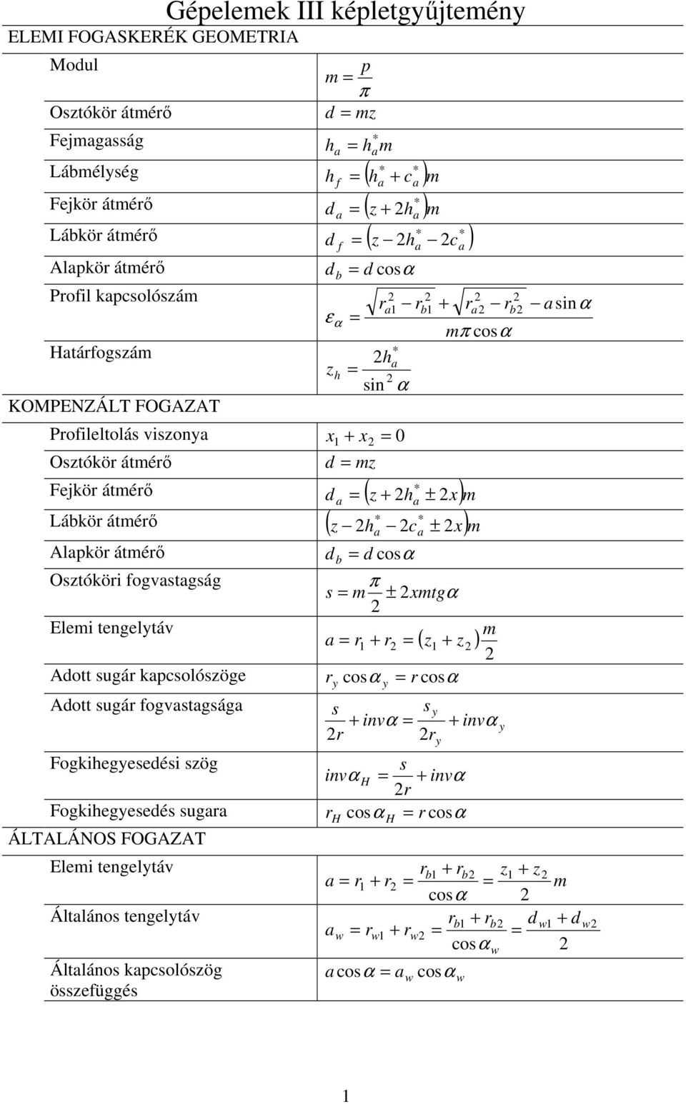 Gépelemek III képletgyűjtemény ELEMI FOGASKERÉK GEOMETRIA Modul - PDF  Ingyenes letöltés