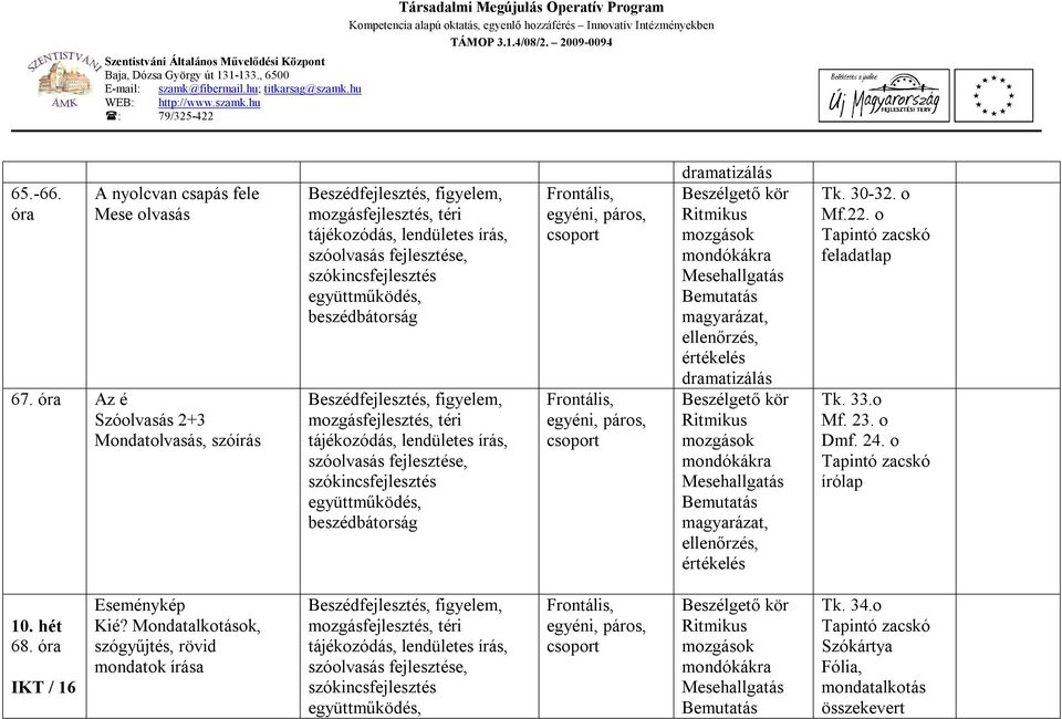 o Tapintó zacskó feladatlap Tk. 33.o Mf. 23. o Dmf. 24. o Tapintó zacskó írólap 10. hét 68.