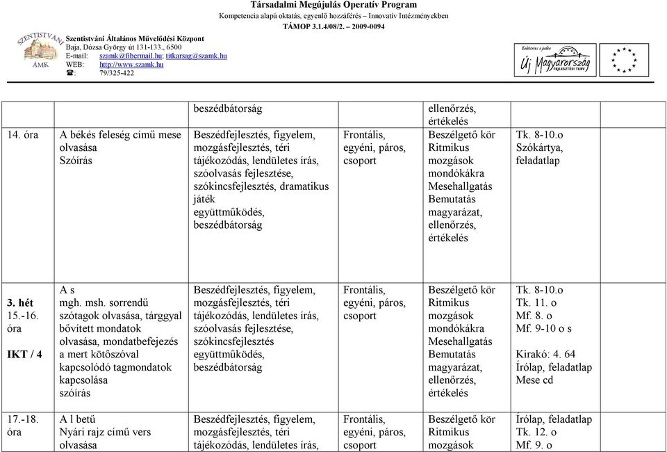 sorrendű szótagok olvasása, tárggyal bővített mondatok olvasása, mondatbefejezés a mert kötőszóval kapcsolódó