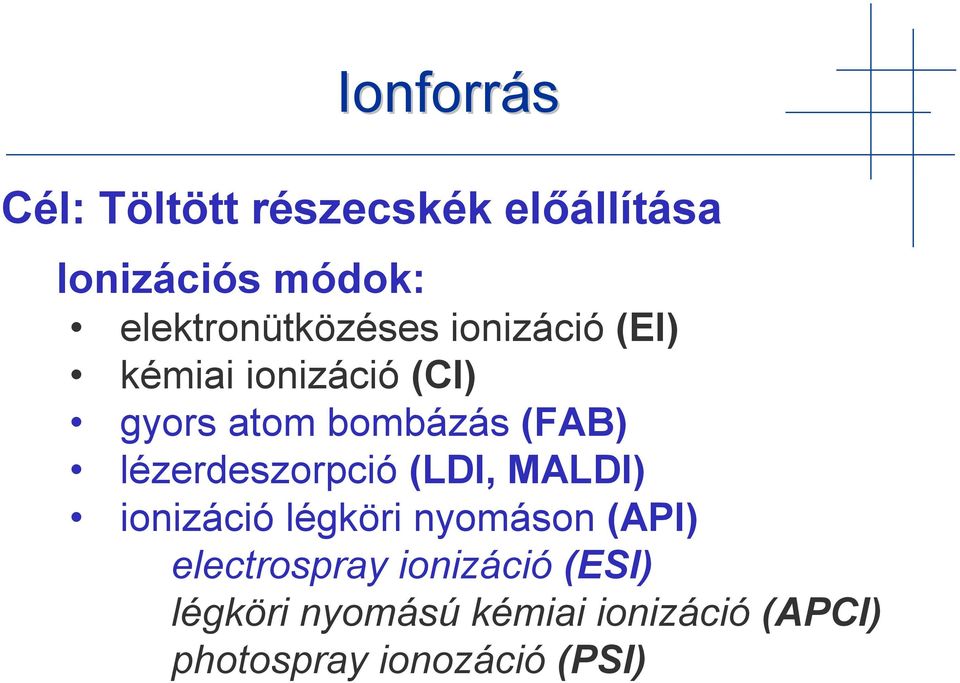 (FAB) lézerdeszorpció (LDI, MALDI) ionizáció légköri nyomáson (API)