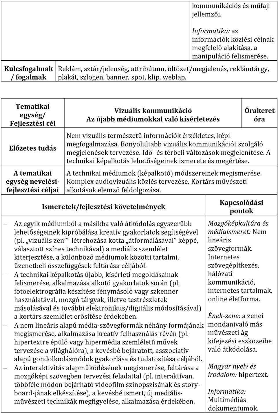 Tematikai egység/ Fejlesztési cél Előzetes tudás A tematikai egység nevelésifejlesztési céljai Vizuális kommunikáció Az újabb médiumokkal való kísérletezés Órakeret óra Nem vizuális természetű