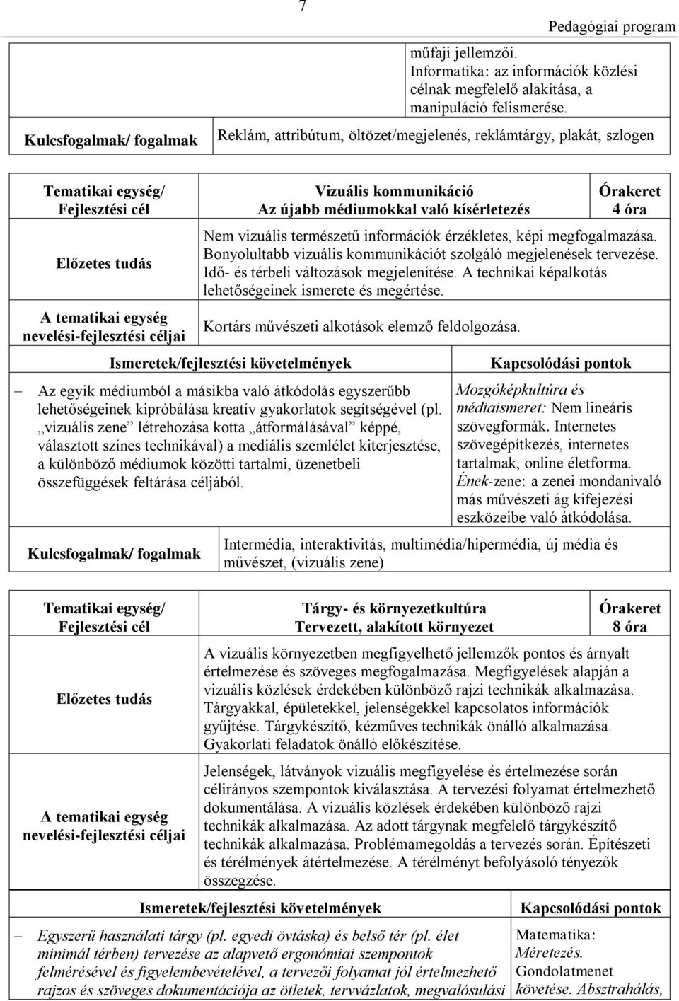 Bonyolultabb vizuális kommunikációt szolgáló megjelenések tervezése. Idő- és térbeli változások megjelenítése. A technikai képalkotás lehetőségeinek ismerete és megértése.