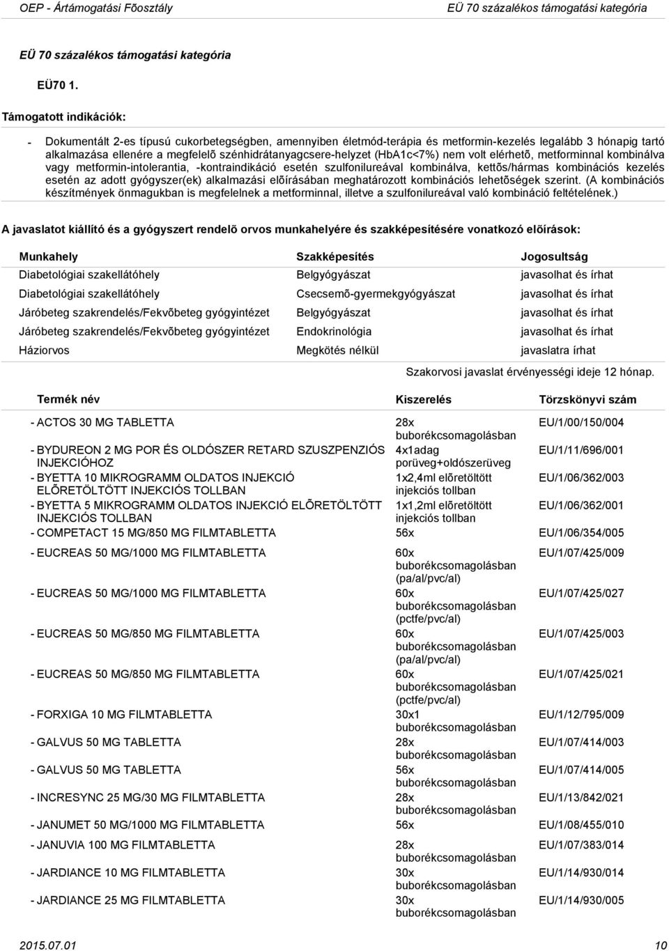 elérhetõ, metforminnal kombinálva vagy metforminintolerantia, kontraindikáció esetén szulfonilureával kombinálva, kettõs/hármas kombinációs kezelés esetén az adott gyógyszer(ek) alkalmazási