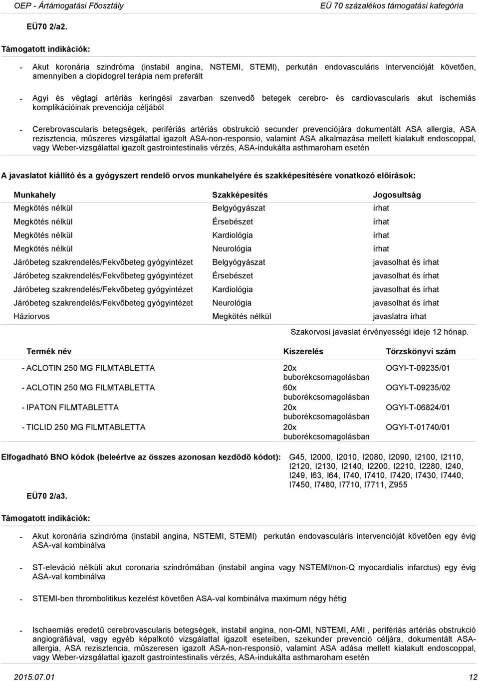 szenvedõ betegek cerebro és cardiovascularis akut ischemiás komplikációinak prevenciója céljából Cerebrovascularis betegségek, perifériás artériás obstrukció secunder prevenciójára dokumentált ASA