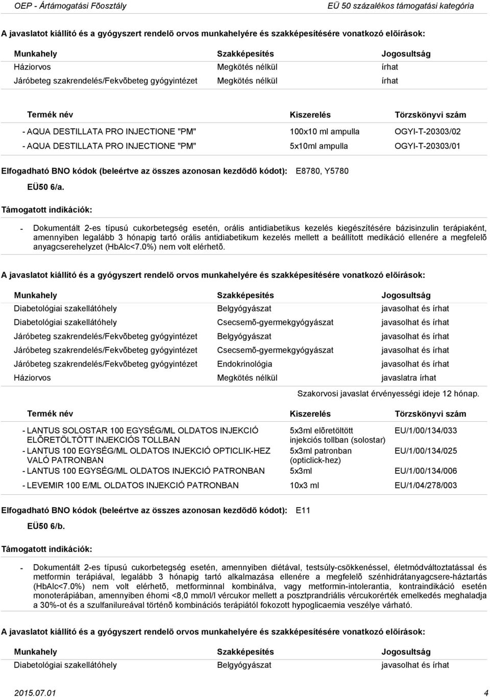 E8780, Y5780 Dokumentált 2es típusú cukorbetegség esetén, orális antidiabetikus kezelés kiegészítésére bázisinzulin terápiaként, amennyiben legalább 3 hónapig tartó orális antidiabetikum kezelés