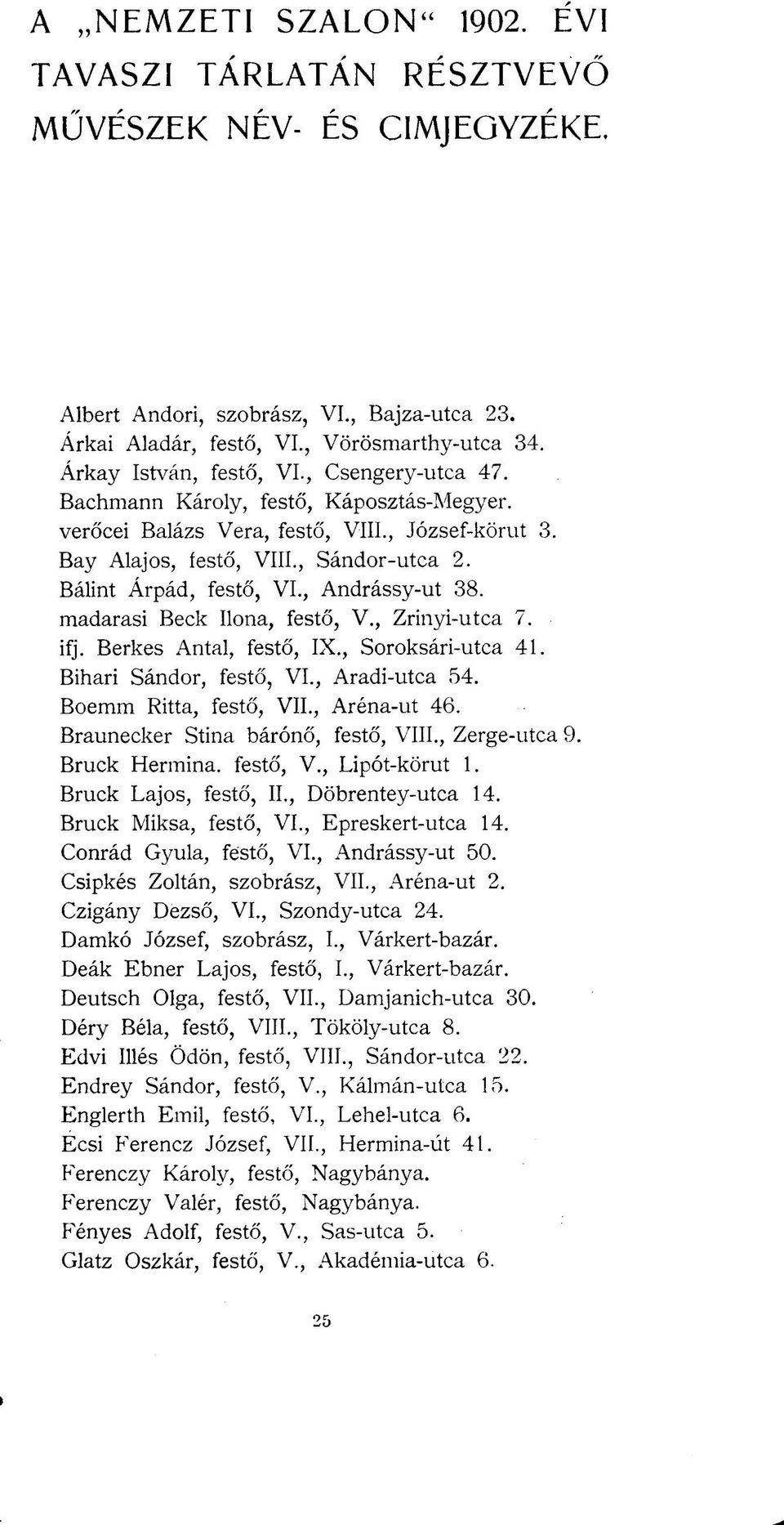 Bálint Árpád, festő, VI., Andrássy-ut 38. madarasi Beck Ilona, festő, V., Zrinyi-utca 7. ifj. Berkes Antal, festő, IX., Soroksári-utca 41. Bihari Sándor, festő, VI., Aradi-utca 54.