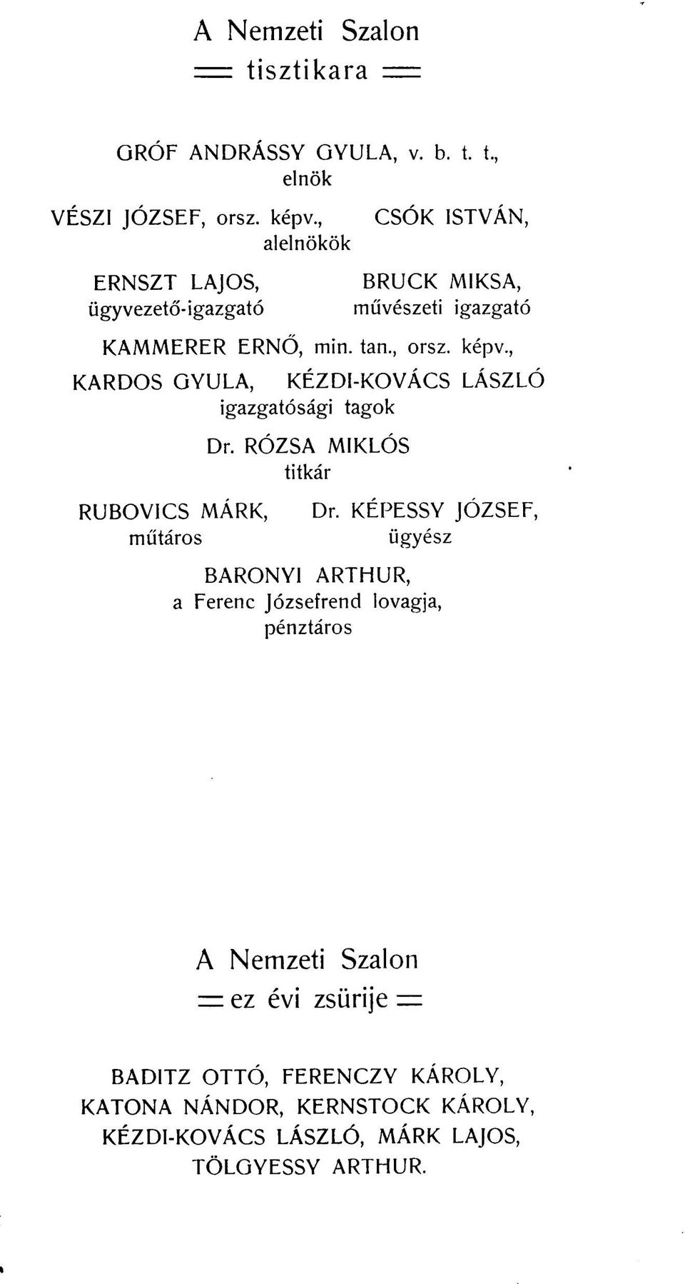 , KARDOS GYULA, KÉZDI-KOVÁCS LÁSZLÓ igazgatósági tagok RUBOVICS MÁRK, műtáros Dr. RÓZSA MIKLÓS titkár Dr.