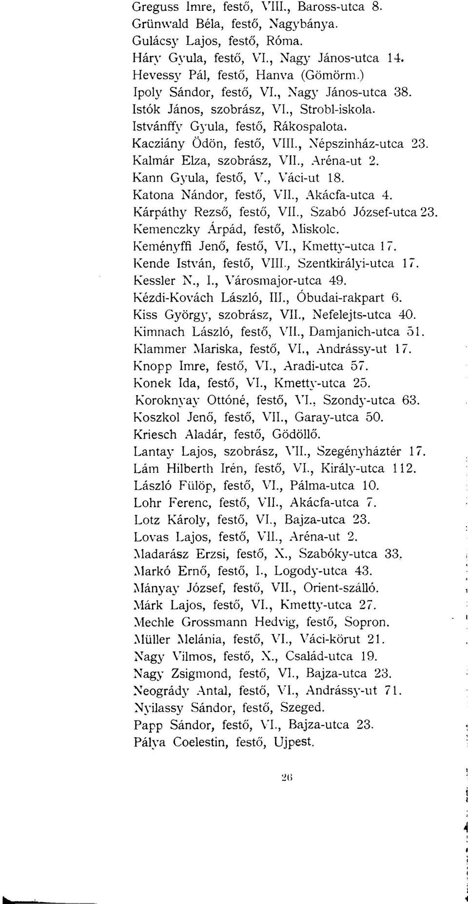 Kalmár Elza, szobrász, VII., Aréna-ut 2. Kann Gyula, festő, V., Váci-ut 18. Katona Nándor, festő, VII., Akácfa-utca 4. Kárpáthy Rezső, festő, VII., Szabó József-utca 23.