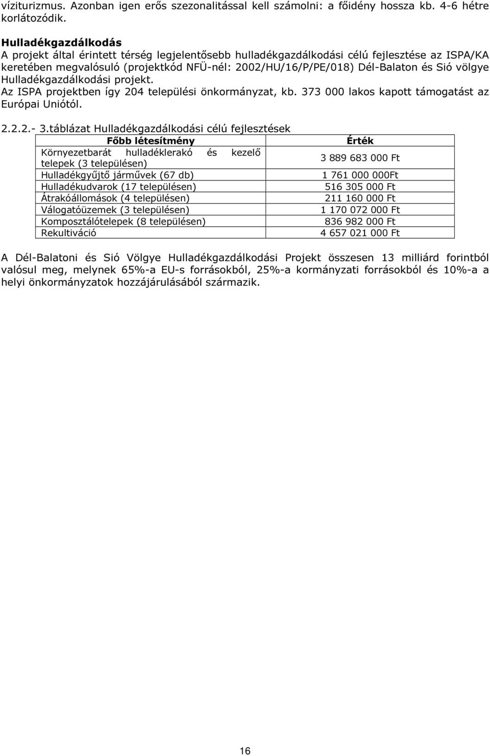 völgye Hulladékgazdálkodási projekt. Az ISPA projektben így 204 települési önkormányzat, kb. 373 000 lakos kapott támogatást az Európai Uniótól. 2.2.2.- 3.