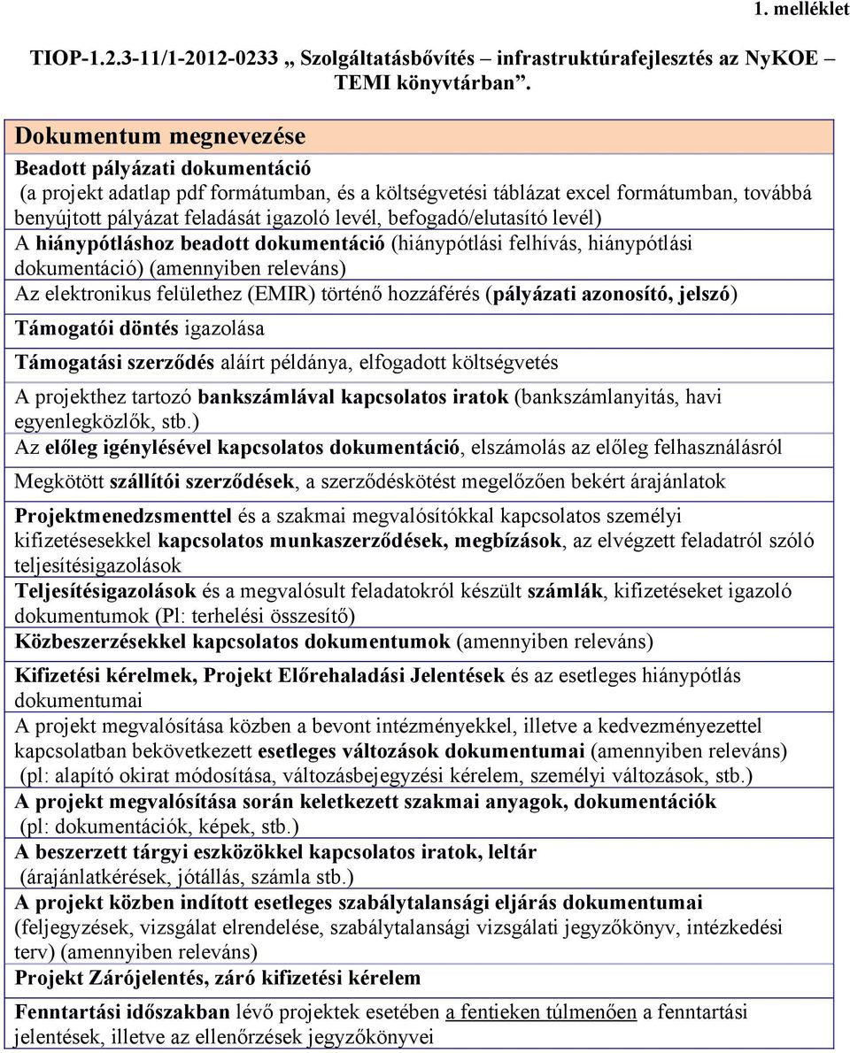 befogadó/elutasító levél) A hiánypótláshoz beadott dokumentáció (hiánypótlási felhívás, hiánypótlási dokumentáció) (amennyiben releváns) Az elektronikus felülethez (EMIR) történő hozzáférés