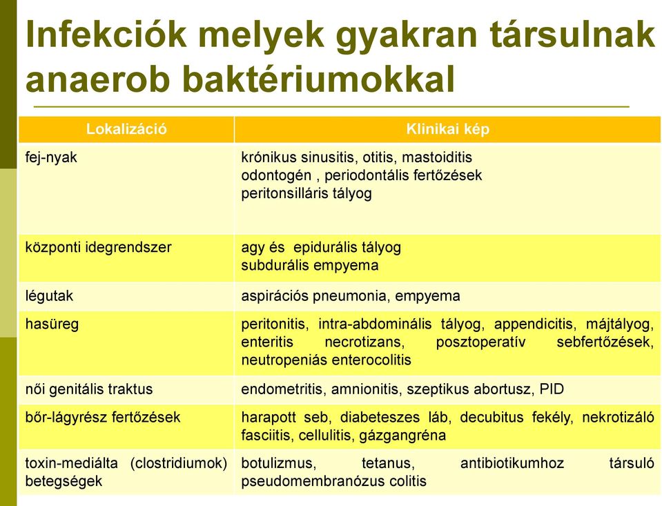 pneumonia, empyema peritonitis, intra-abdominális tályog, appendicitis, májtályog, enteritis necrotizans, posztoperatív sebfertőzések, neutropeniás enterocolitis endometritis, amnionitis,