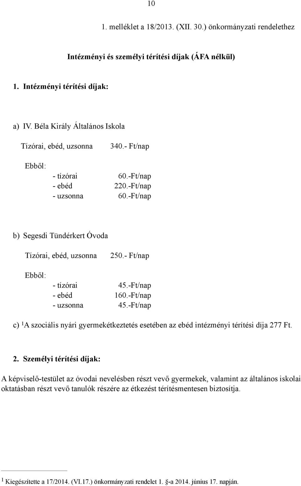 - Ft/nap Ebből: - tízórai 45.-Ft/nap - ebéd 160.-Ft/nap - uzsonna 45.-Ft/nap c) 1A szociális nyári gyermekétkeztetés esetében az ebéd intézményi térítési díja 27