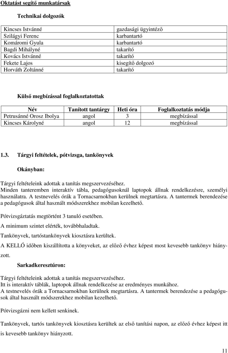 12 megbízással 1.3. Tárgyi feltételek, pótvizsga, tankönyvek Okányban: Tárgyi feltételeink adottak a tanítás megszervezéséhez.