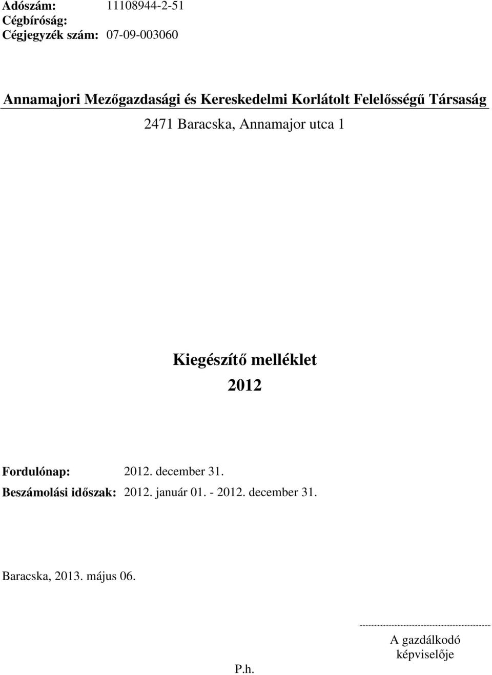 Annamajor utca 1 2012 Fordulónap: 2012. december 31. Beszámolási időszak: 2012.