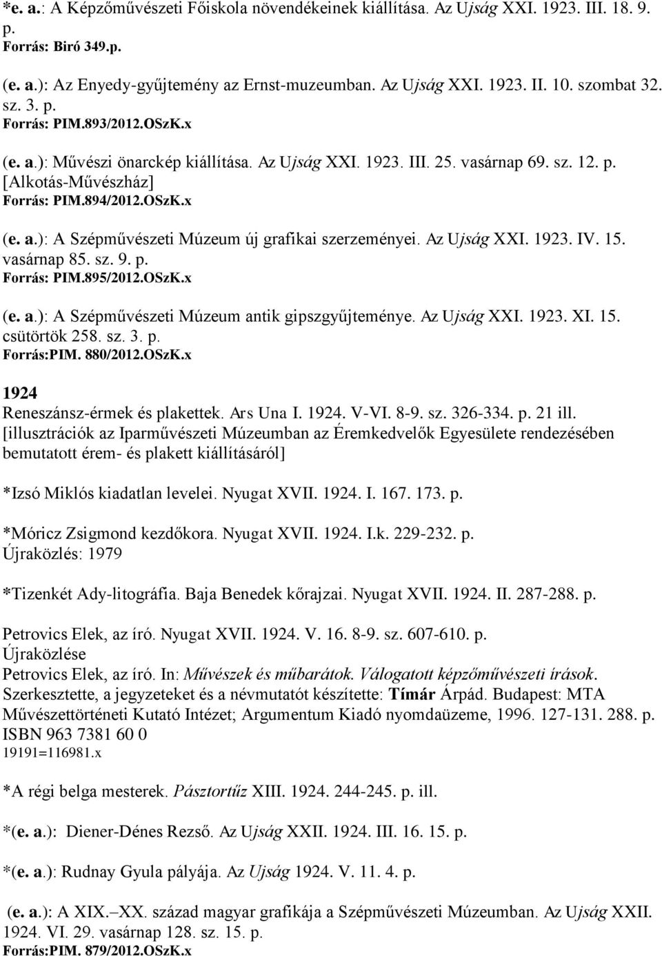 Az Ujság XXI. 1923. IV. 15. vasárnap 85. sz. 9. p. Forrás: PIM.895/2012.OSzK.x (e. a.): A Szépművészeti Múzeum antik gipszgyűjteménye. Az Ujság XXI. 1923. XI. 15. csütörtök 258. sz. 3. p. Forrás:PIM.