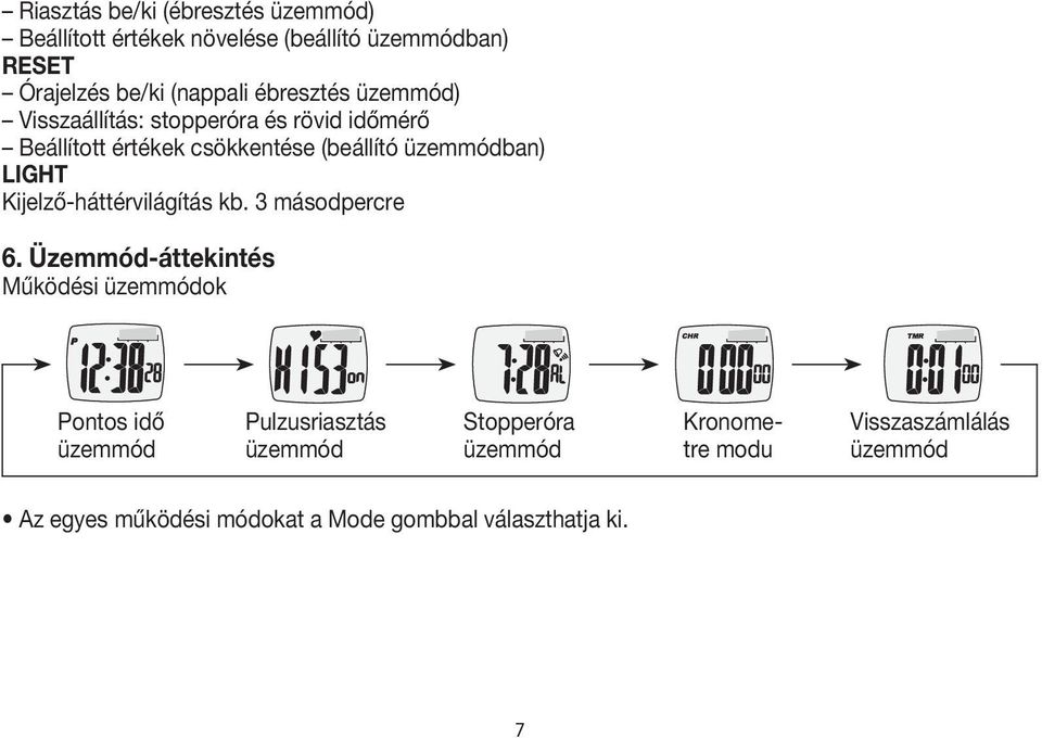 LIGHT Kijelző-háttérvilágítás kb. 3 másodpercre 6.