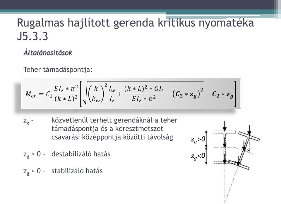 GI t EI z π 2 + C 2 z g 2 C2 z g z g közvetlenül terhelt gerendáknál a teher támadáspontja