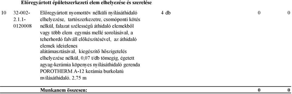 1-0120008 Előregyártott nyomottöv nélküli nyílásáthidaló elhelyezése, tartószerkezetre, csomóponti kötés nélkül, falazat szélességű