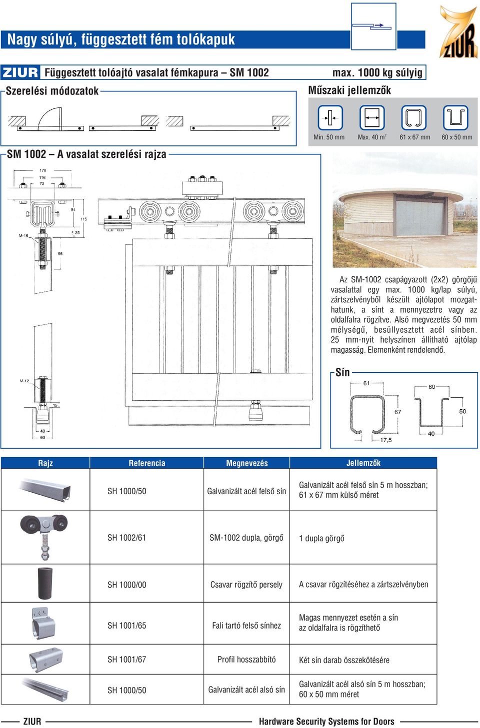 1000 kg/lap súlyú, zártszelvénybõl készült ajtólapot mozgathatunk, a sínt a mennyezetre vagy az oldalfalra rögzítve. lsó megvezetés 50 mm mélységû, besüllyesztett acél sínben.