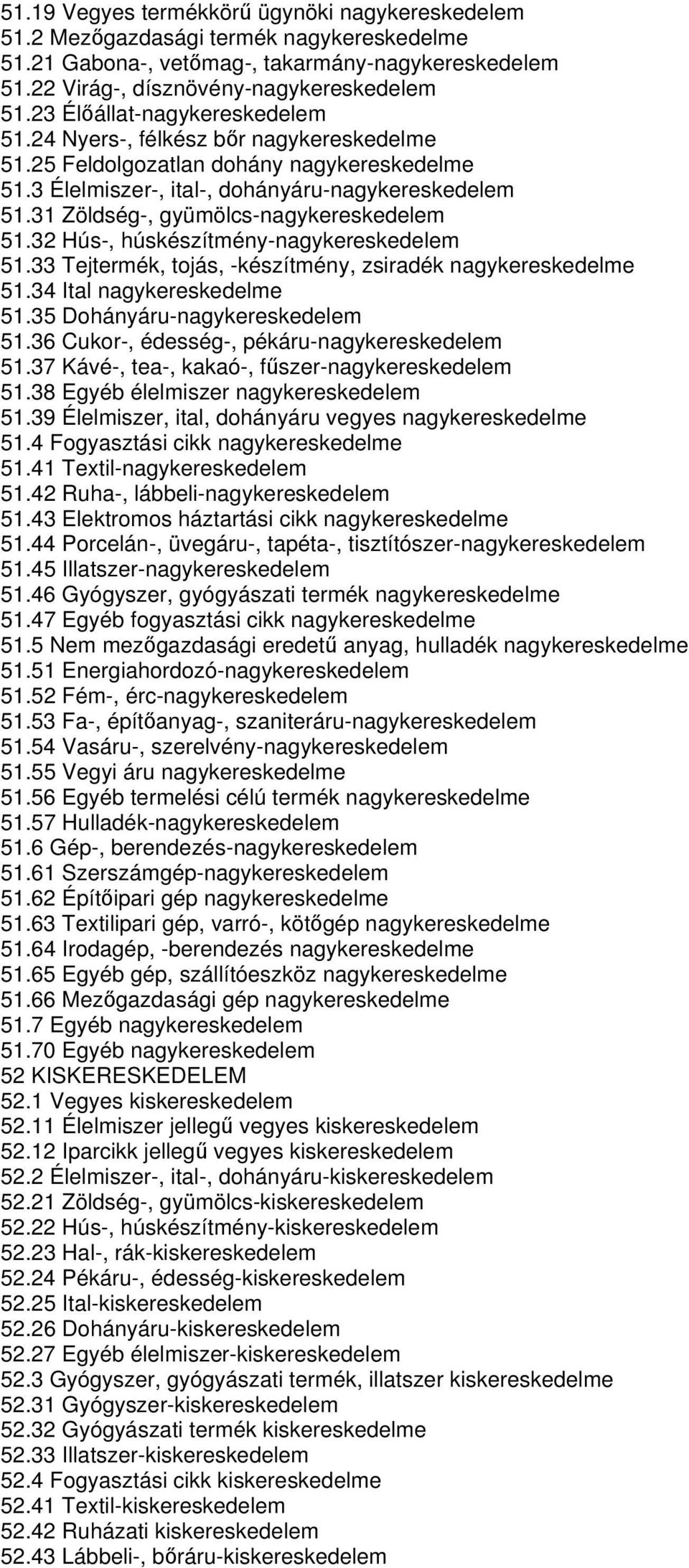 31 Zöldség-, gyümölcs-nagykereskedelem 51.32 Hús-, húskészítmény-nagykereskedelem 51.33 Tejtermék, tojás, -készítmény, zsiradék nagykereskedelme 51.34 Ital nagykereskedelme 51.