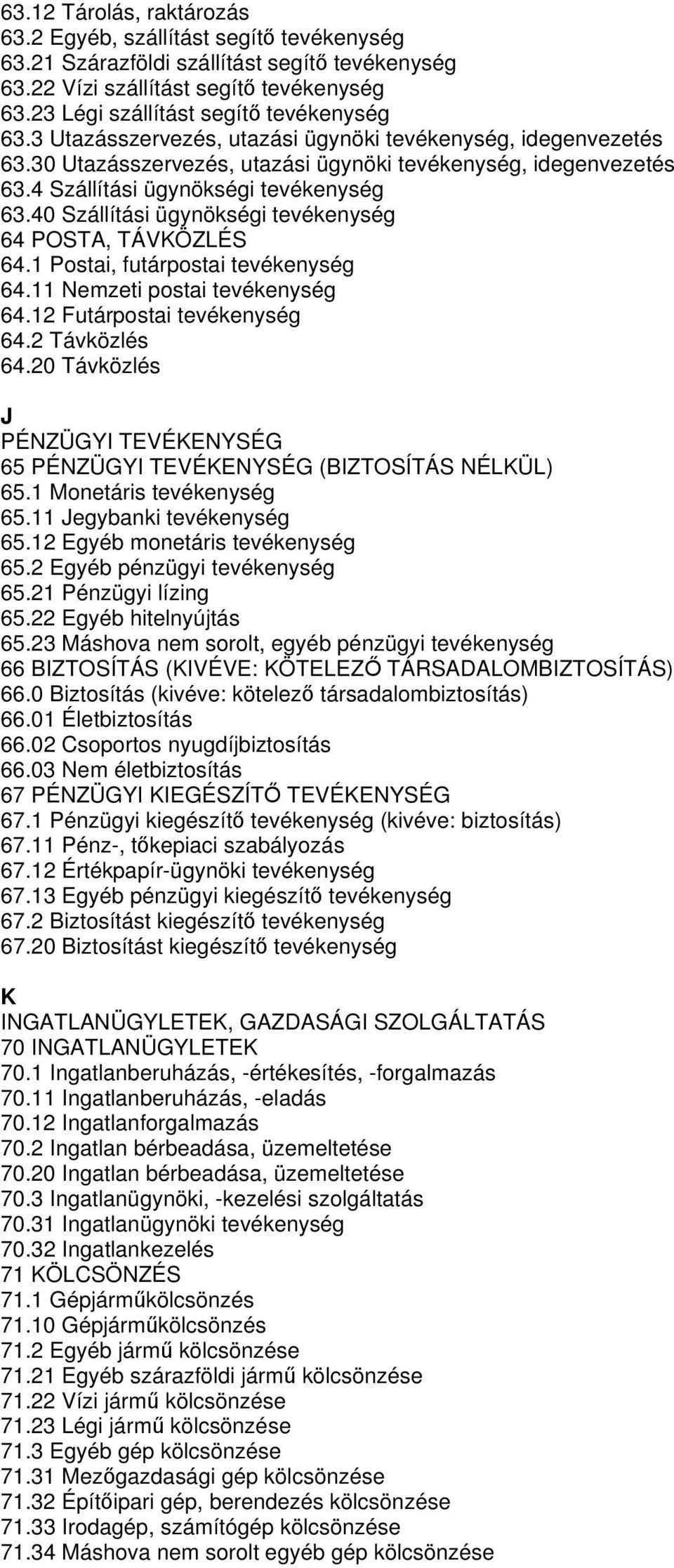 4 Szállítási ügynökségi tevékenység 63.40 Szállítási ügynökségi tevékenység 64 POSTA, TÁVKÖZLÉS 64.1 Postai, futárpostai tevékenység 64.11 Nemzeti postai tevékenység 64.12 Futárpostai tevékenység 64.