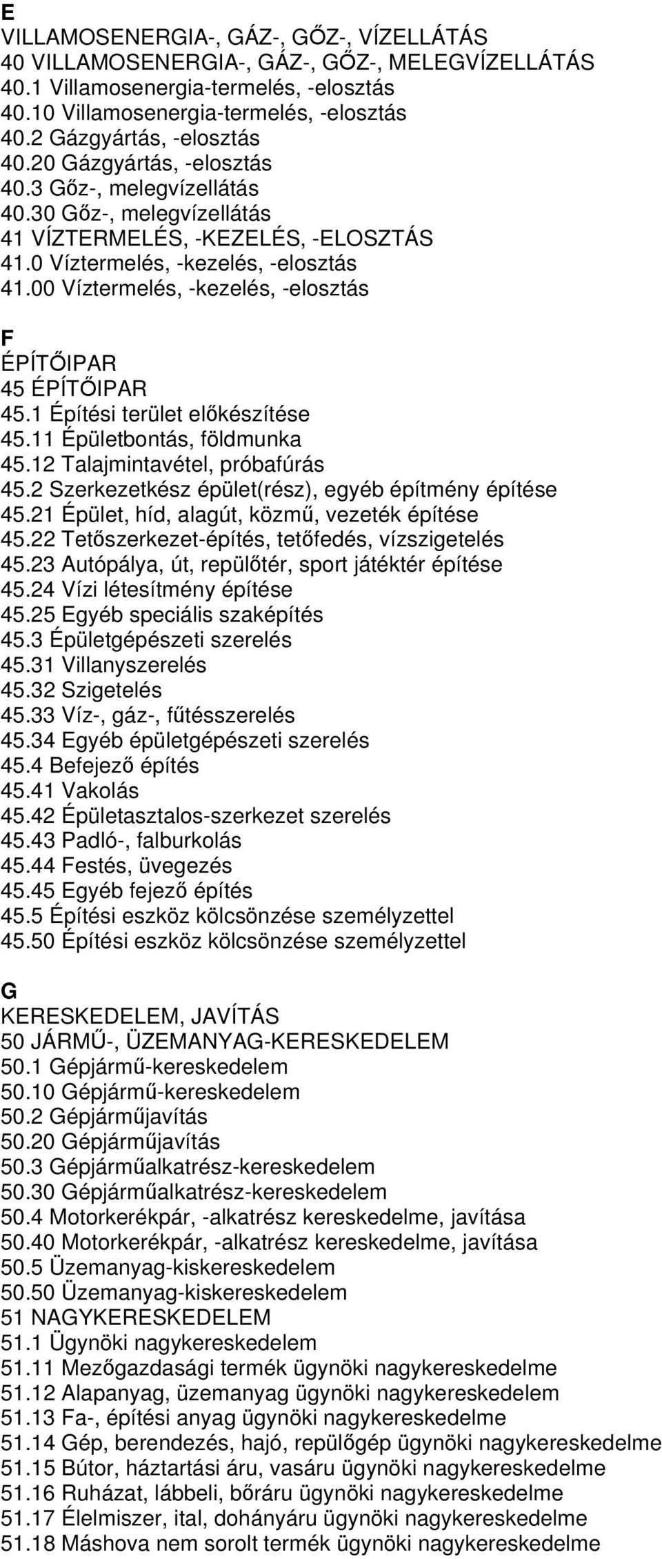 00 Víztermelés, -kezelés, -elosztás F ÉPÍTŐIPAR 45 ÉPÍTŐIPAR 45.1 Építési terület előkészítése 45.11 Épületbontás, földmunka 45.12 Talajmintavétel, próbafúrás 45.